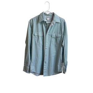 Wrangler‎ Mens Medium Rancher Western Shirt Blue Green Long Sleeve Pearl Snap